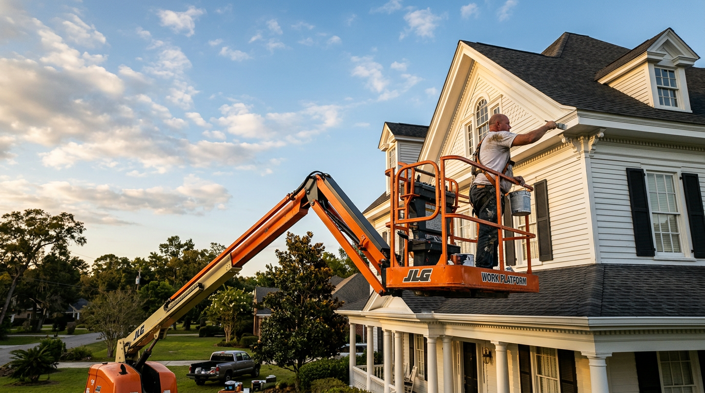 Browns Painting professional crew with boom lift on Southern home